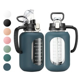 64 oz Glass Water Bottle with Lid and Handle Half Gallon Water Bottle with Time Marker Large Water Bottle with Silicone Sleeve for Coffee, Juice Homemade Beverages