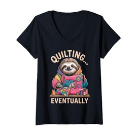 Womens Sloth Quilting Eventually Funny Quilting Quilt V-Neck T-Shirt