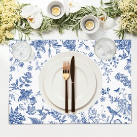 Blue White Floral Placemats Set of 4 Spring Summer Hydrangea Flowers Branches Washable Non-Slip Heat Resistant Place Mats 12x18 Inch Chinoiserie Linen Table Mats for Home Kitchen Dining Party Decor