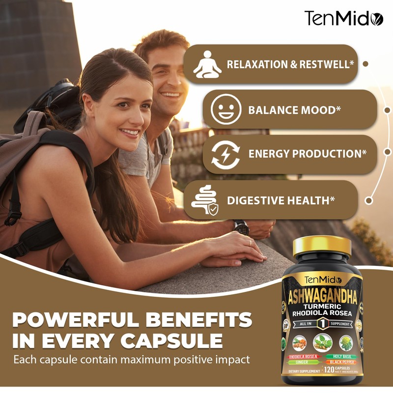 Tenmido Ashwagandha Supplements - 6in1 with Turmeric, Rhodiola, Ginger, Holy