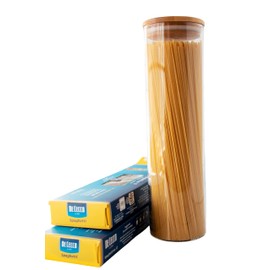 Cestari Pasta Storage Jars: Spaghetti Container Glass Pasta Jar with Bamboo Lid, Airtight Dry Food Storage Kitchen Canister for Snacks, Macaroni, Rotini, Noodles, Candy, and More; 1100 ml, 11.5 inches