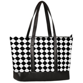 Laptop Tote Bag for Women 15.6 inch Black White Plaid Geometry Large Capacity Work Bag Lightweight Briefcase Messenger Bag Leather Shoulder Bag Canvas Computer Bag for Business Office Travel