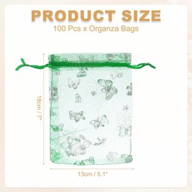PATIKIL Organza Bags, 100 Pcs 5.1 x 7 Inch Mesh Candy Pouch with Drawstring Butterfly Jewelry Gift Bags for Wedding Christmas Festival Makeup Supply, Grass Green Silver