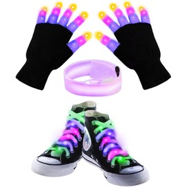 JoieDomi LED Light Up Gloves, Shoe Laces, Bracelet, 3 Multicolor Modes