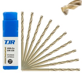 TJR® HSS-E M35 Cobalt Twist Drill Steps Self-Centring Metal Drill Bit DIN 338 Type N 135° (Pack of 10 Diameter 2.5 mm)