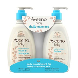 Aveeno Baby Set de regalo de cuidado diario con extracto de avena y avena prebiótica, contiene loción corporal hidratante diaria y jabón suave de baño y champú 2 en 1, hipoalergénico y sin parabenos, paquete de dos