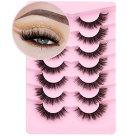 Kiromiro Fluffy Lashes False Eyelashes Cat Eye Faux Mink Lashes Fluffy Wispy Strip Lashes 6D Volume Fake Lashes Natural Look Eye Lashes Pack 7 Pairs