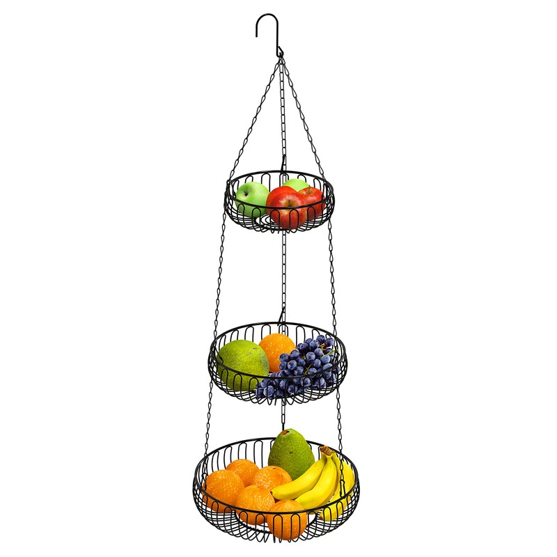 Simple Houseware Adjustable Metal Hanging Fruit Basket, Oblate, Black, 11"