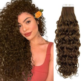 RUNATURE Curly Tape in Human Hair Extensions Dark Brown Tape in Hair Extensions Human Hair Curly Tape in Extensions Human Hair Brown 16 Inch 50 Gram