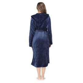 RONGTAI Womens Long Robes Plush Fleece Nightgown Thick Hooded Bathrobe with Pockets Fluffy Sleepwear for Men （X-Large,Navy Blue）