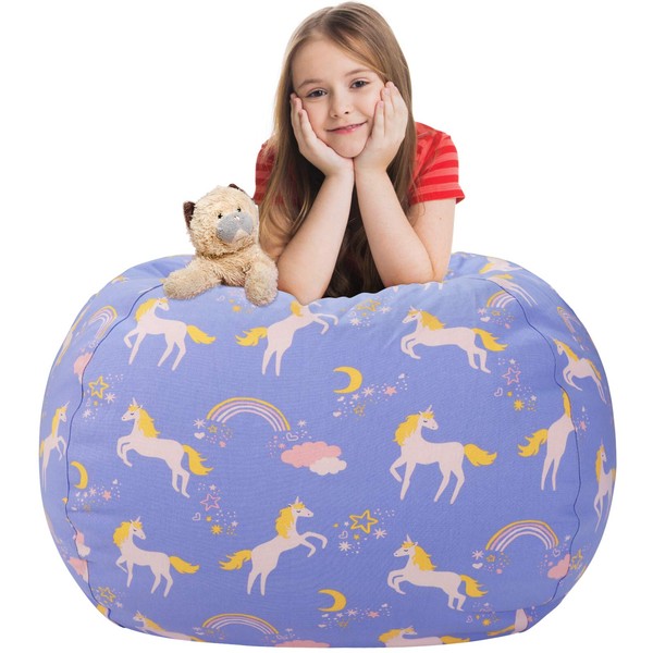 Aubliss Stuffed Animal Storage Bean Bag Chair Cover (No Beans)，Stuff and Sit Storage Bean Bag for Kids Toy Storage, Medium 32"-Canvas Unicorn Light Blue