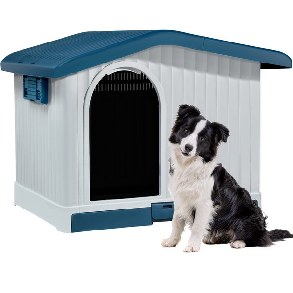 YITAHOME Large Plastic Dog House with Liftable Roof, Indoor Outdoor Doghouse Puppy Shelter with Detachable Base and Adjustable Bar Window, Water Resistant Easy Assembly, Sturdy Dog Kennel