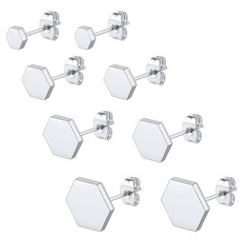 Hexagon Stud Earrings,4 Pairs Stainless Steel Geometric Shape Classical Simple Plain Ear Studs for Women Men Stainless Steel Classic Stud Earrings (4-10mm)