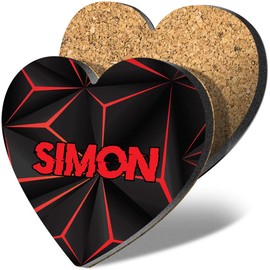 1 x Heart Coaster - Name Simon Gamer Black Red Video Game Letter Lettering Initial Cork Backed MDF Glossy Tea Coffee Accessory #273624