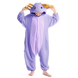 SimZoo Kids Animal Pajamas, 3-13 Years Boy and Girls Purple Axolotl Cosplay Costume Sleepwear, One-Piece Unisex Homewear