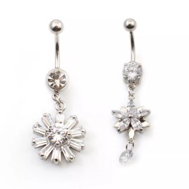 LionGothic Navel Ring Package of two Flower and Snowflakes design with multiple Clear Cz St