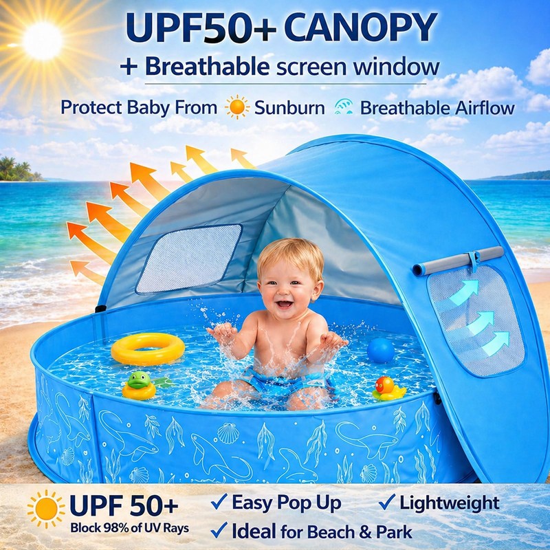 Baby Pool with Canopy, Foldable Pop Up Kiddie Pool with