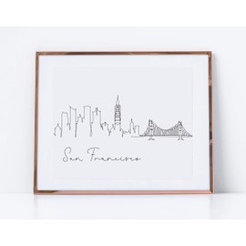 San Francisco Skyline Pen and Ink Line Drawing Wall Decor | Black and White 14x11 UNFRAMED Modern Minimalist Print | Northern California Cityscape Wall Art