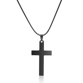 Yanxyad Cross Necklace for Men Leather Rope Chain Stainless Steel Black Pendant Necklace Gift for Women