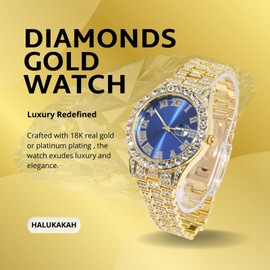 HALUKAKAH Diamonds Gold Watch Iced Out for Boy Teens Kids - 18K Real Gold Plated,42mm Blue Dial,Japanese Quartz - 20cm Length Adjustable Wristband,with Watch Adjuster Tool - for Birthday,Parties