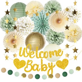 Sage Green Gold Baby Shower Decorations Welcome Baby Banner Cream Tissue Pom Poms Hanging Paper Fans Lanterns Circle Dots Star Garland for Boy Girl Neutral Gender Reveal Party Decor