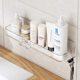 UDD Acrylic Shower Caddy Shower Organizer, Plastic Adhesive Shelf with Hook and Self Adhesive Tape, No Drilling Clear Wall Mount Shower Shelves for Bathroom Kitchen, Clear