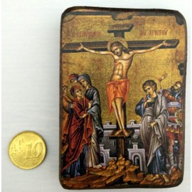 Wooden Greek Christian Orthodox Wood Icon of The Crucifixion / A0