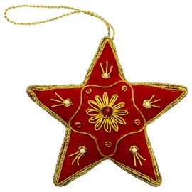 Christmas Star Ornament, Red Velvet with Gold Zari Zardozi Embroidery, Beads and Faux Pearls - Handmade in India