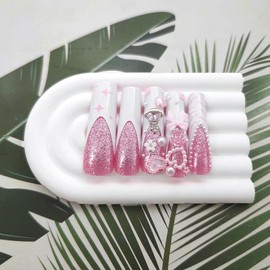 White French Tip Press on Nails Exta Long Square Fake Nails with 3D Bow Rose Hearts Pearls Flowers Rhinestones Stars Lines Designs Glitter Sequins Glue on Nails Pink Stick on Nails for Women 24 Pcs