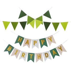 Olive Green and Pink Happy Birthday Banner with Green Pennant Flags, Green Happy Birthday Sign, Avocado Green Birthday Party Decorations, Bunting Banner with Shiny Glittery Gold Letters, DIY Party Supplies (Green)