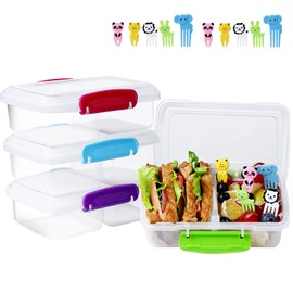 Greentainer Plastic Snack Containers for Kids, 4 Pack Bento Boxs with 2 Compartments Travel Snack Container Sandwiches/Fruits/Candies Food Storage Containers BPA Free Dishwasher Safe-Red