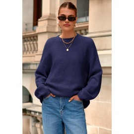 MASCOMODA Long Sleeve Crewneck Pullover Oversized Sweaters for Women Fall 2025 Casual Loose Fuzzy Chunky Knitted Jumper Tops(Navy Blue,Small)