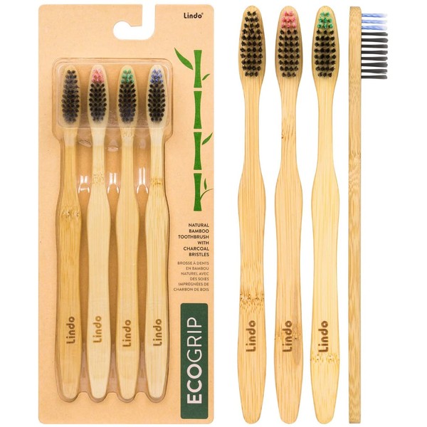 Lindo EcoGrip Charcoal Infused Bamboo Toothbrush - Soft German Made Fiber Bristles, Organic, Biodegradable and 100% Recyclable, Multi-Colored - Pack of 4