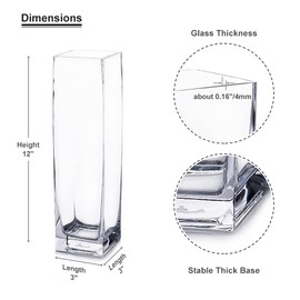 Enova Floral Clear Square Glass Vase, 12x3x3 Inch Tall Block Glass Vase for Flowers, Clear Floral Planter Container, Candle Holders Flower Bouquets Vase for Wedding Centerpieces, Home Décor (1 Piece)