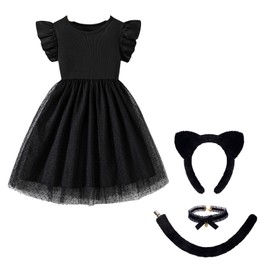 ADOSSY Black Cat Baby Kids Cat Costume, 4-Piece Set, Dress, Headband, Bell, Tail, Halloween (120)