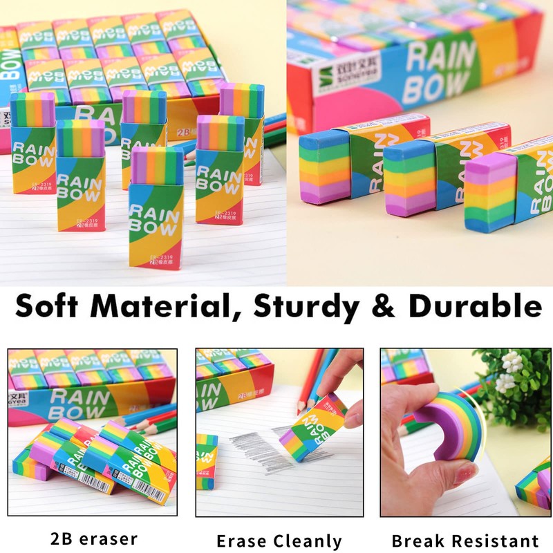 Pack of 30 Soft 2B Erasers, Rainbow Erasers, Rubber Erasers