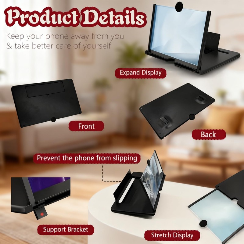12 Inch Screen Magnifier for Cell Phone,3D HD Foldable Amplifier