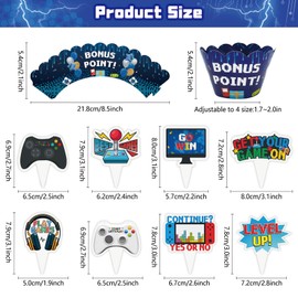 64 Pcs Video Game Cupcake Toppers and Wrappers Double-sided Video Game Cupcake Decoration Game Themed 8 Styles Cupcake Picks Decorations for Kids Gaming Birthday Party Favors