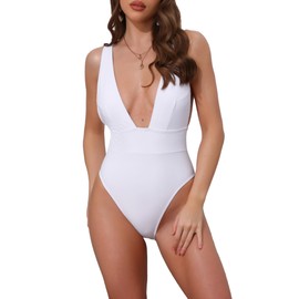 Elerevyo Women's Deep V Plunge Monokini Backless Bikini Set, 1 Piece Wide Strap Slimming Swimwear Bathing Suit Small White