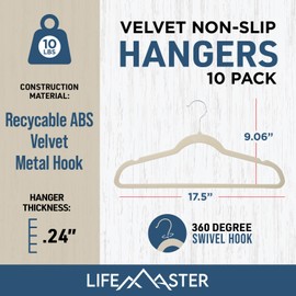 Lifemaster Velvet Clothes Hangers – With 360 Degree Swivel Hook and Non-Slip Shoulder Notch, Holds Up To 10 lbs, Heavy Duty Hanger Set, For Organizing Suit, Dress, Coat, and Clothes, Pack of 10, Ivory
