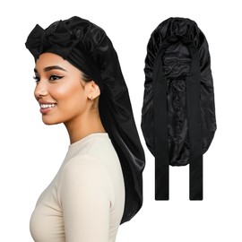 Braids Satin Bonnet for Sleeping Long Bonnet Women Hair Bonnet with Stretchy Tie Band Satin Hair Wrap(Black)