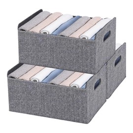 QUMENEY 3 Pack Felt Fabric Baskets Storage Box with Handle Foldable Wardrobe Baskets Clothing Storage Cubes Toy Organiser for Nursery Home 31×25×15 cm(Gray)