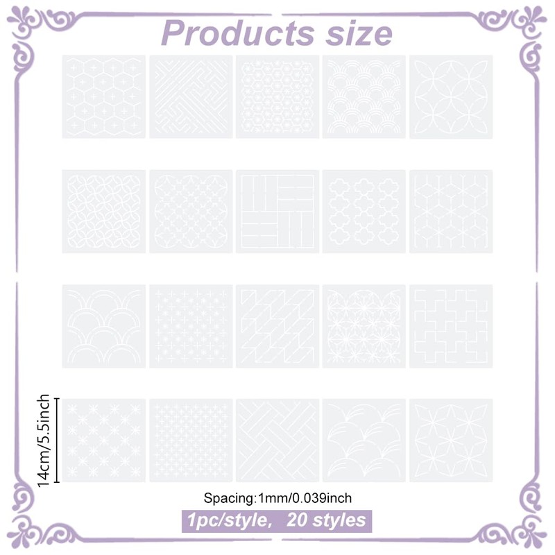 ORIGACH Pack of 20 Sashiko Stencils 14 x 14 cm