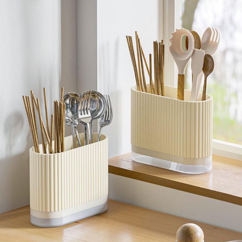 Kitchen Utensil Holder, Plastic Cutlery Organizer Beige Utensil Silverware Holder