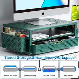 gianotter Desk Organizers and Accessories, Monitor Stand with Drawer and 2 Pen Holder, Desktop Organizer Suitable for Offices and Dormitories (Green)