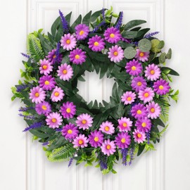Blosssound Spring Wreath for Front Door 20 Inch Pink Purple Daisy Flower Artificial Summer Wreath with Lavender Buffalo Plaid Bow for Rustic Farmhouse Floral Home Wall Indoor Outdoor Window Decor