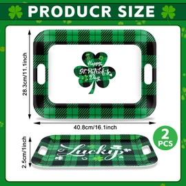 gisgfim 2Pcs St. Patrick's Day Serving Trays with Handle 16 x 11 Inch Large Melamine Rectangular Buffalo Plaid Serving Platter Tray Lucky Shamrock Melamine Dishes for Serving Food Outdoor Party