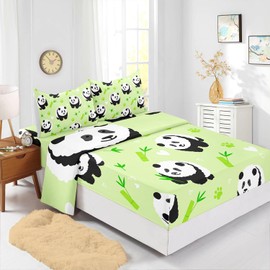 XYNHML Cartoon Black White Panda Sheet Twin 4Pcs Animal Themed Bamboo Heart Pattern Bedding Set for Kid Teen Girl Boy Bed Decor Green Paw Sheet with 1 Flat Sheet and 1 Fitted Sheet+2 Pillowcases