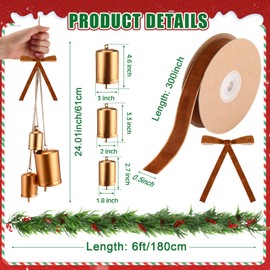 Jutom 3 Pcs Christmas Norfolk Pine Garland 6 Ft Christmas Artificial Pine Garland Greenery Cedar Garland with Red Berries Pine Cones Rusitc Cow Bells and 8 Yd Velvet Ribbon for Mantle (Brown Ribbon)