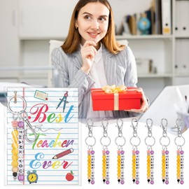 Liliaafar 12 Sets Back to School Gifts Bulk Thank You Teacher Keychain Making Kit DIY Cute Pencil Charm Beads Key Chain Crafts for First of Day Teachers Appreciation Gifts Party Favors